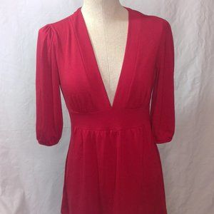 Red Knit Plunge-Neck Mini-dress-3/4 Puffed Sleeves